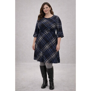 Jessica Howard Blue Plaid Knit Shift Dress Bell Sleeves XL Twill Soft Lined Boho